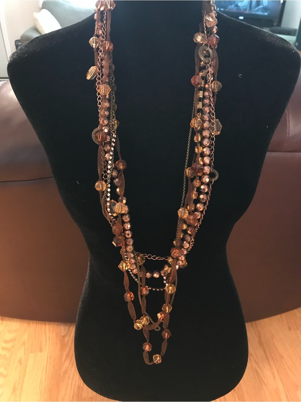 Multi-Strand Brown Beaded & Ribbon Necklace